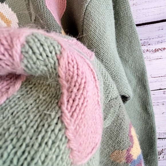 Vintage Sweater L Green Mockneck Long Twee Flowers Bows Fuzzy Embroidered Granny - Picture 4 of 8